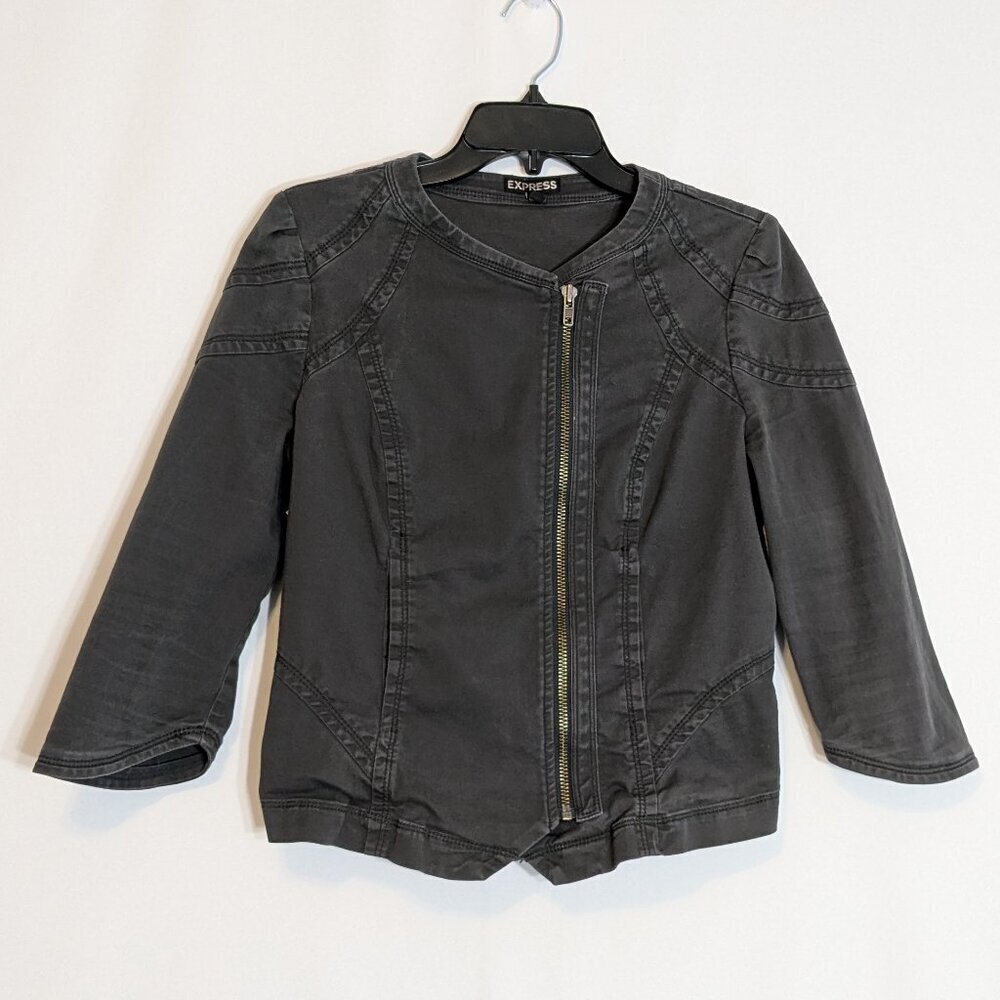EXPRESS Gray Stretch Twill 3/4 Sleeve, Zip, Short Casual Jacket; Size 6